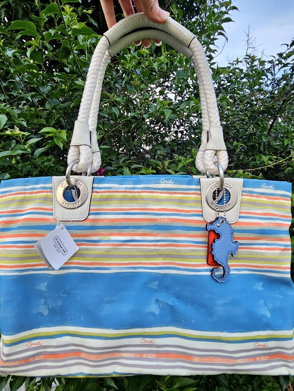 NWT Coach Beach Multi Stripe Tote F16624 Seahorse Charm Y2K